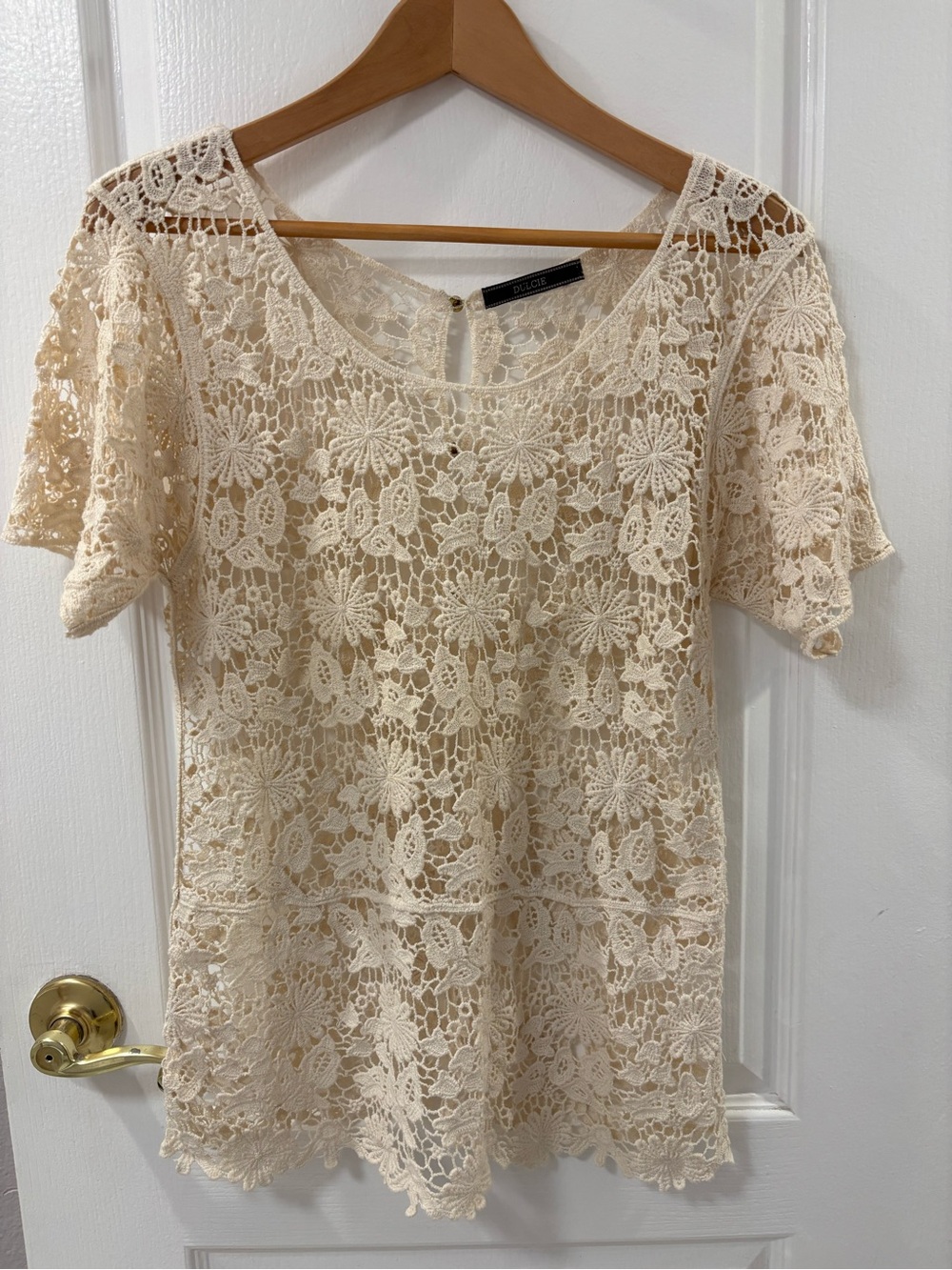 Dulcie Crochet Knit Button Back Short Sleeve Blouse Top - Cream